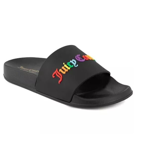 Juicy Couture Whimsey Pool Slide Sandals Black & Rainbow letters Women's 7 NWT - Picture 1 of 1